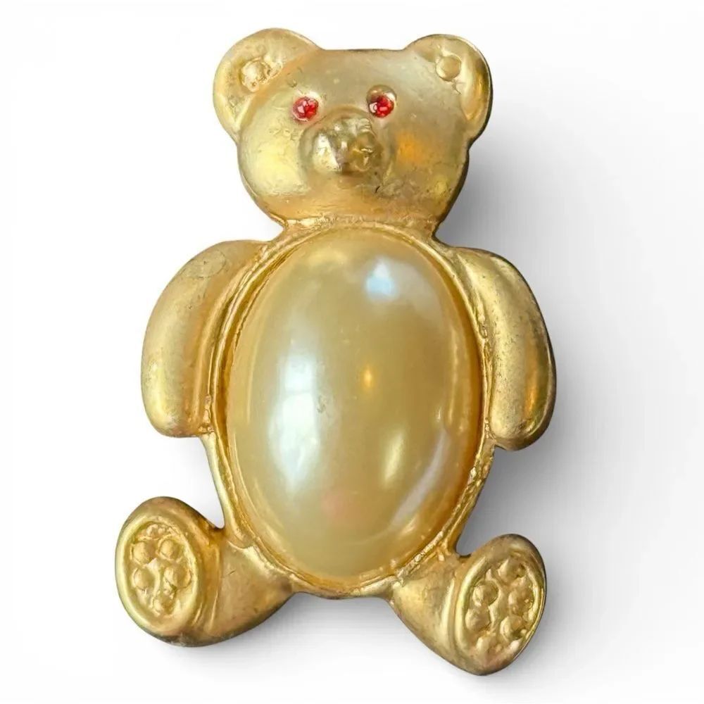 Vintage Gold Tone Teddy Bear Brooch with Faux Pearl Belly Red Rhinestone Accents